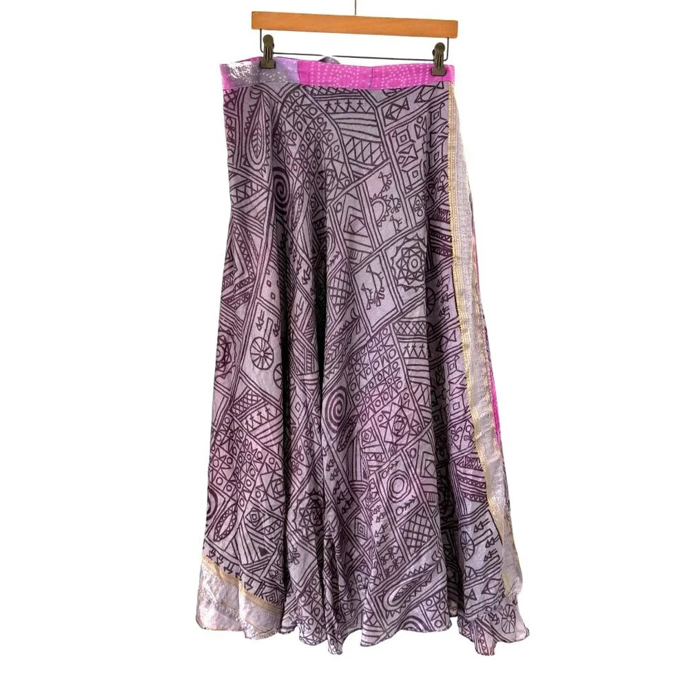 Boho Reversible Wrap Skirt Silk Purple Pink Tie Hippie Indie Fairy Layered - Picture 4 of 12